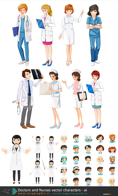  38 وکتور کاراکتر پزشک و پرستار زن و مرد - Doctors and Nurses Vector Characters | رضاگرافیک